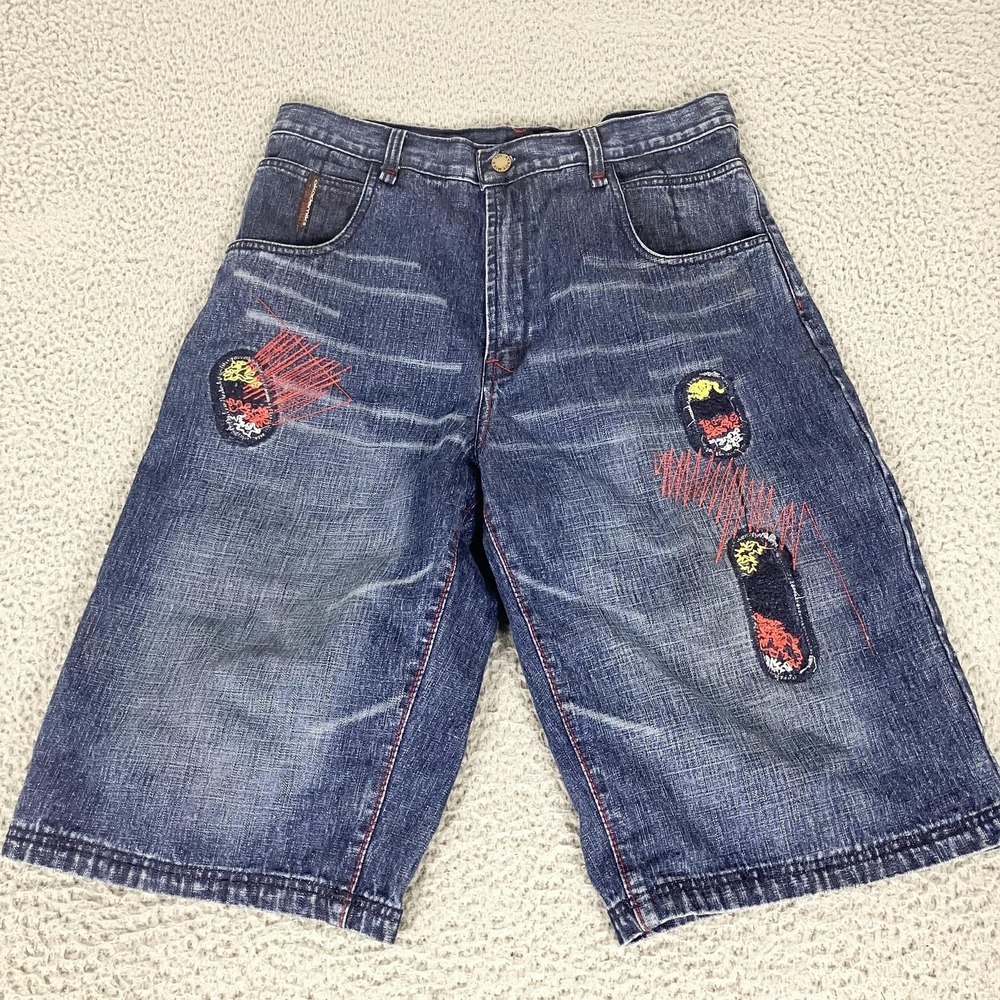 Akademiks Shorts Mens 34 Blue Denim Embroidered Baggy Skater Y2k Hip Hop